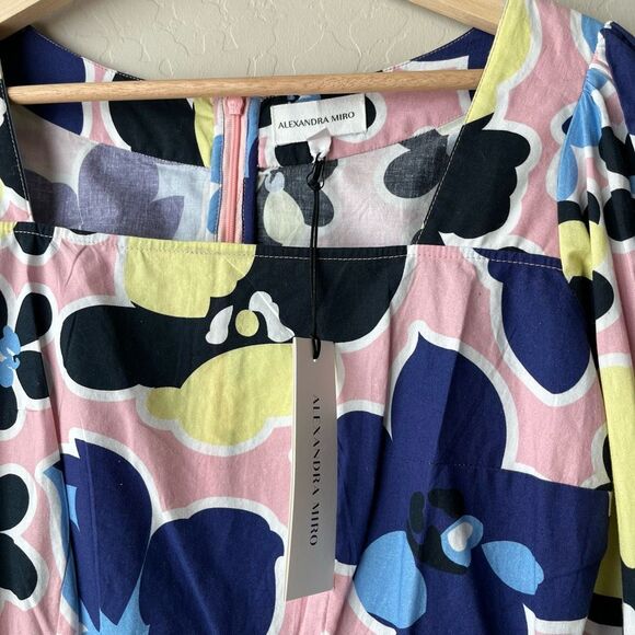 NEW Alexandra Miro Floral Print Long Sleeve Square Neck Cotton Mini Dress XS - Picture 5 of 9